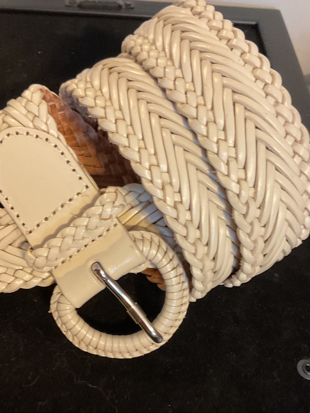 Talbots Cream Braided Leather Belt with Round Buckle